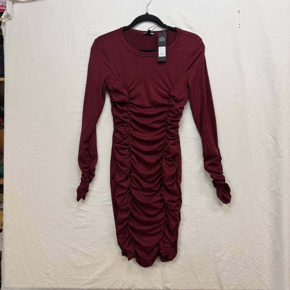 Fashion Nova Take Your Man Ruched Dress Burgundy Red‎ Long Sleeve Mini Bodycon S